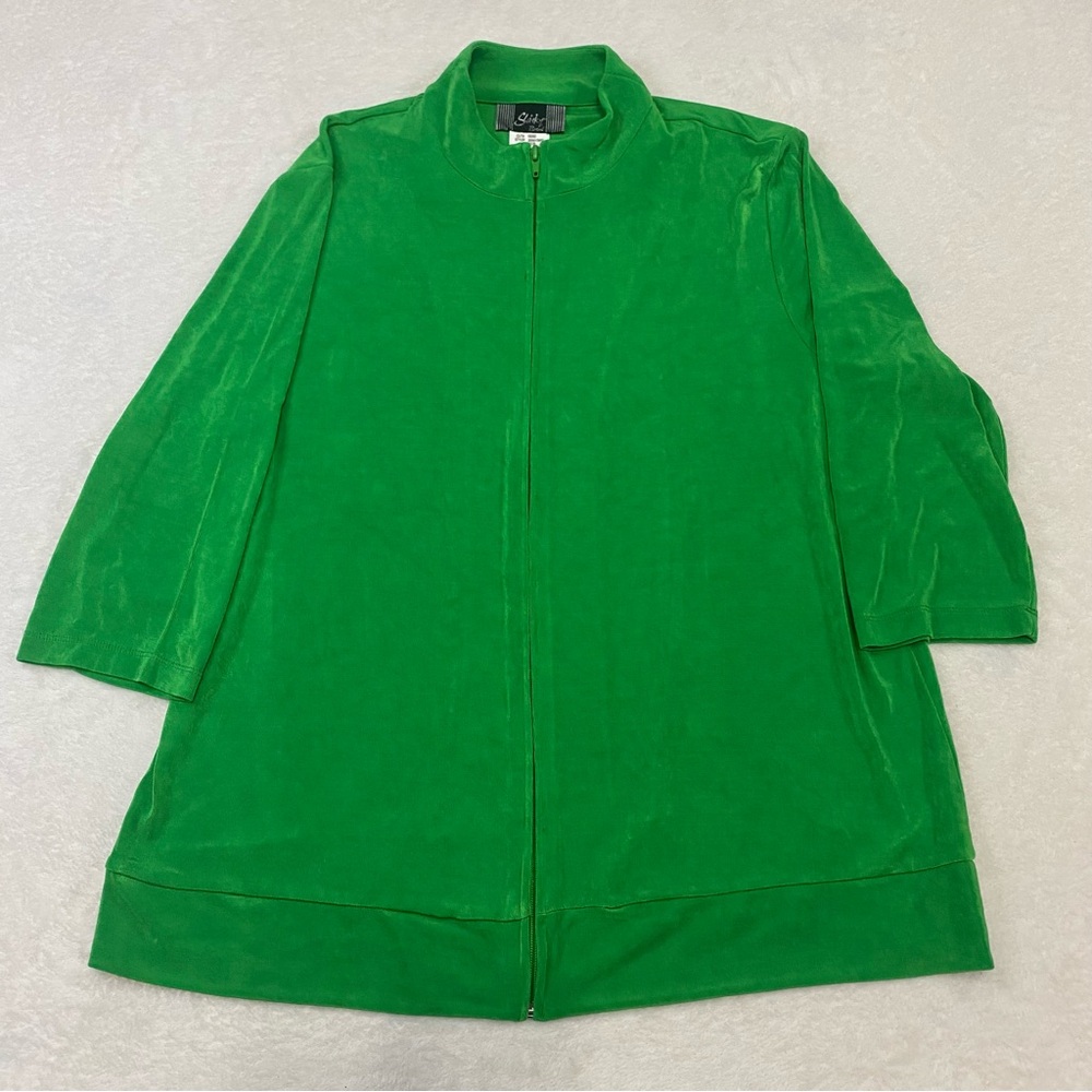 Slinky Brand Made In USA Green Acetate Spandex Full Zip Mock Neck Sweater Shirt